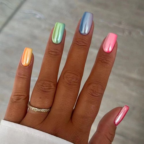 Short Square Press On Nails Multicolour Gel Fake Nails, Colorful Glue Stick On Nail Tip with Jelly Glue, Reusable Natural Fit Gel Glossy Acrylic Manicure False Nails Kit 24Pcs