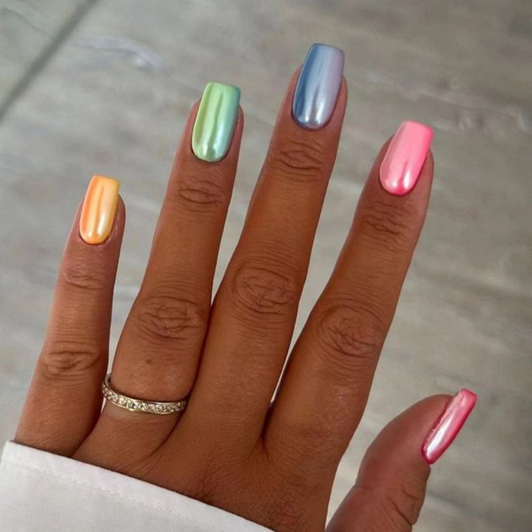 Short Square Press On Nails Multicolour Gel Fake Nails, Colorful Glue Stick On Nail Tip with Jelly Glue, Reusable Natural Fit Gel Glossy Acrylic Manicure False Nails Kit 24Pcs