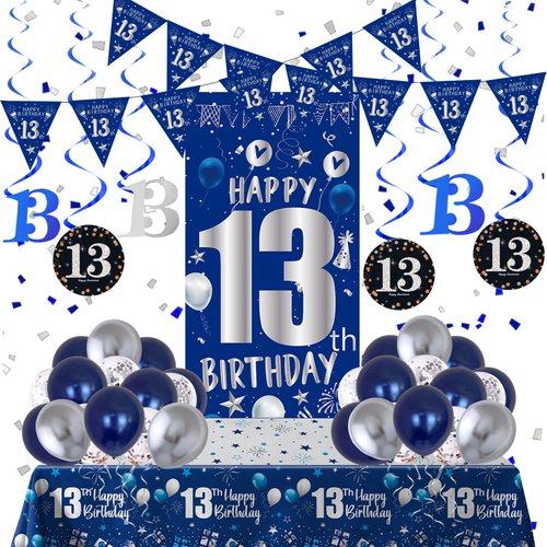 13th Birthday Decorations for Boys Girls, Blue Silver 13th Birthday Decorations Backdrop with Happy 13th Birthday Banner, Number 13 Hanging Swirls, Triangle Flag, 13 Years Old Birthday Party Supplies