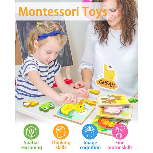 Tonberless Wooden Puzzles Toddler Toys for 1 2 3 Year Old Boy Girl, 8 Packs Animal Toddler Puzzles Preschool Educational Learning Montessori Toys Age 1-3, 2-4 Christmas Birthday Gifts