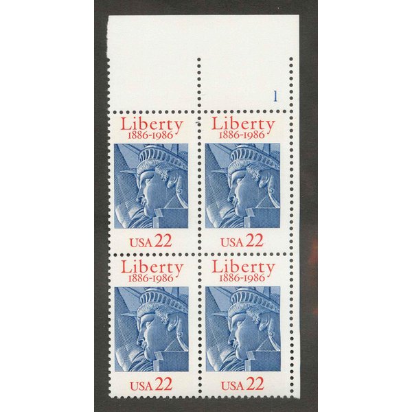 USA 1986 22-Cent Statue of Liberty Centennial Plate Block of 4 Postage Stamps, Catalog No 2224, MNH