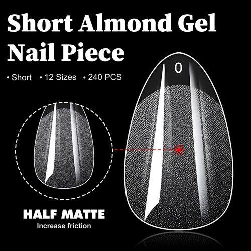 LoveOurHome 240pc Gel X Nail Tips Short Almond Fake Nails Tips Clear False Nail Full Cover Soft Gel Artificial Fingernails 12 Sizes for Gel x/Acrylic Nails Extension Press on Nails Making