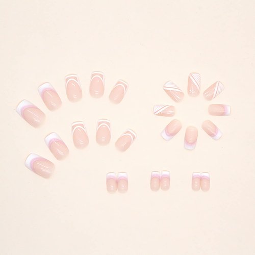 Short square Press On Nails, Coffin Shape Full Cover Reusable White Line Design False Nails with Glue, Stick On Nails for Women, Artificial Fingernails Acrylic French Glossy Fake Nails, Glue On Nails