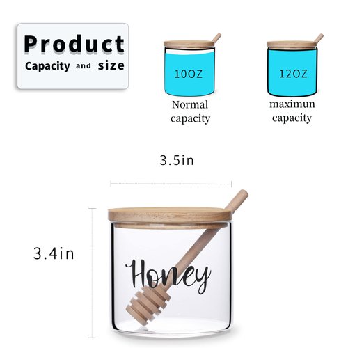 Clear Glass Honey Jar with Dipper and Lid, Farmhouse Honey Pot Kitchen Countertop Canisters, Honey Container Jar Dispenser Holder for home kitchen,12 oz