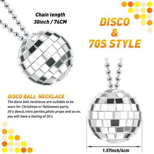 12 Piece unisex Mirror Disco Ball Costume Necklaces 70s Disco Party Necklaces for Home Decorations, 1.57 Inch Stage Props, Game Accessories, School Festivals, Party Favor and Supplies (Silver)