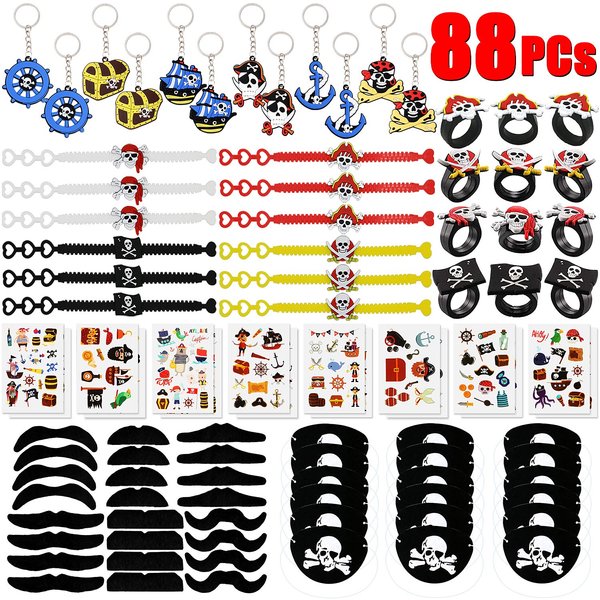88 PCs Pirate Party Supplies Favors Pirate Keychain Rings Bracelets Pirate Eye Patch Mustache Tattoos Stickers Pirate Party Favors Decoration