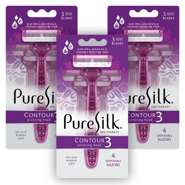 Pure Silk Contour 3 Premium Disposable Razor Value Pack Bundle (3 Packs/12 Total Razors)