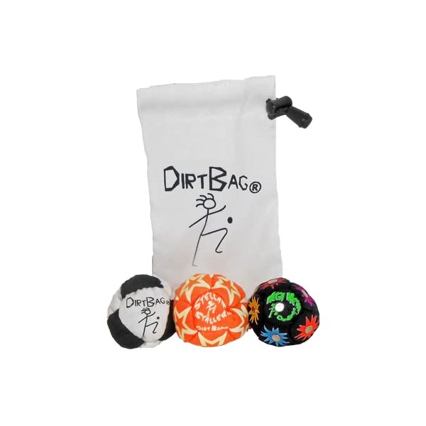 DIRTBAG All Star Footbag Hacky Sack 3 Pack with Pouch, 100% Handmade, Premium Quality, Bright Vivid Colors, Signature Carry Bag - Black/White