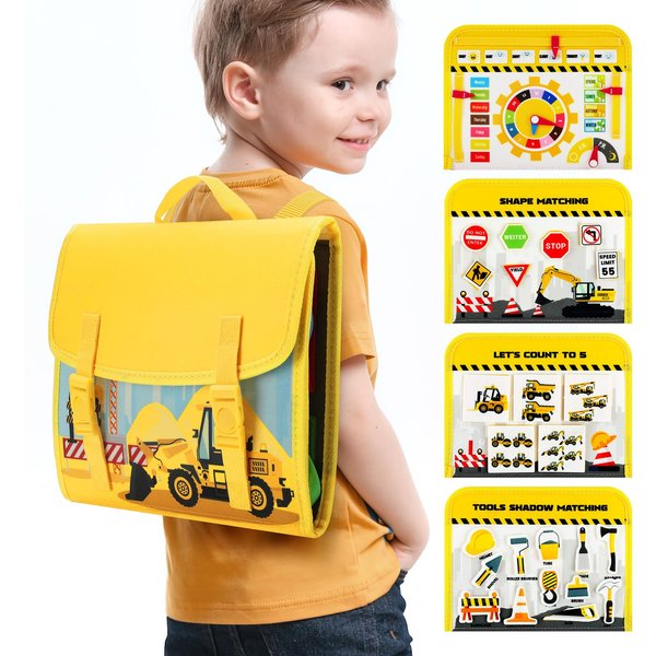 Cokouchyi Toddler Busy Board Backpack Travel, Montessori Toys for 1-4 Year Old Toddlers, First Birthday Gifts for Toddler Girl Age 1-4, Learning Educational Sensory Busy Book for Travel, Truck Cars