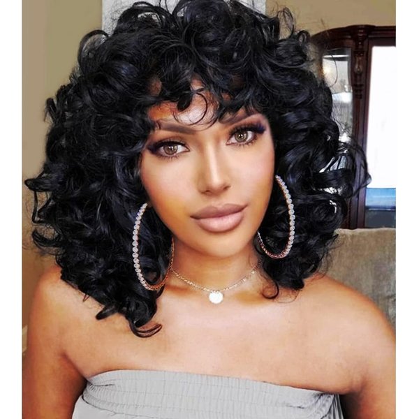 Short Curly Wigs for Black Women Afro Big Curly Black Wigs with Bangs Fluffy Natural Looking Synthetic Wigs for African American Women Daily Cosplay Party Use Soft Hair (Black)