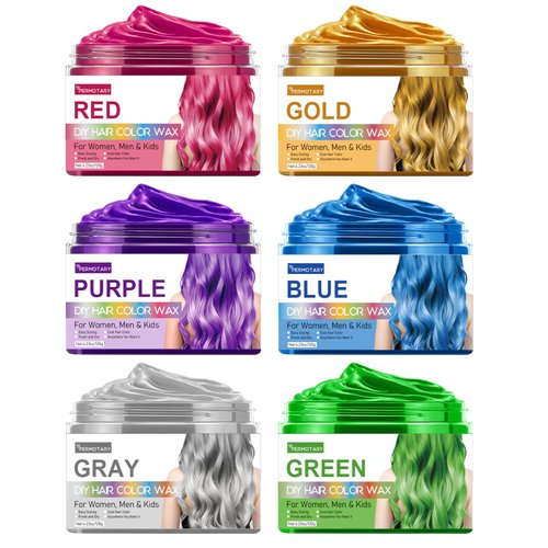 6 Colors Temporary Hair Color Wax, Instant Hair Dye Hair Coloring Wax Mud for Men Women Kids Daily Party Cosplay Halloween DIY Hair Color Cream(Gold,Red,Purple,Green,Gray,Blue)
