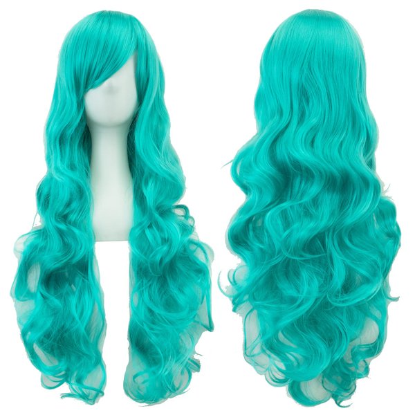IMISSU 80cm Long Curly Natural Hair Cosplay Wig with Bangs Colorful Halloween Costume Party Wigs for Women (Lake Blue)