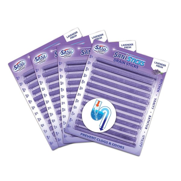 SANI 360° Sani Sticks Drain Cleaner and Deodorizer, Enzyme Pipe Cleaners, Eliminate Odors, Prevent Clogged Drains, Safe for Sinks, Bathtub Drains, Septic Tanks, 48 Count, Lavender Scent
