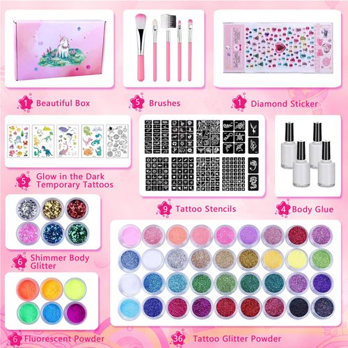 Pakfung 48 Color Glitter Tattoos Kit Kids, Temporary Glitter Tattoos with 209 Stencils, 5 Sheets Glow Temporary Tattoos Stickers, Glitter Art Makeup Kit, Festival Birthday Party Gifts for Girls & Boys
