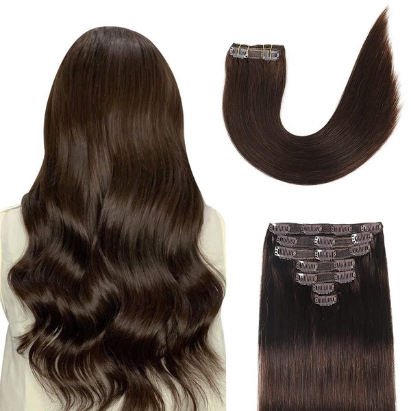 Clip in Hair Extensions Real Human Hair 18Inch 120g/set Straight Human Hair Clip in Extensions 7pcs Thick Remy Brazilian Human Hair Clip ins for Women Medium Brown Color