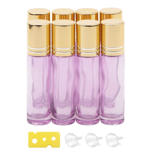 Newzoll 8Pcs Glass Roll on Bottles 10ml (1/3oz) Pearl Purple Essential Oil Roller Bottles Vials Rolling Bottles Container for Skincare Cosmetics Aromatherapy Perfume, Gold Cap