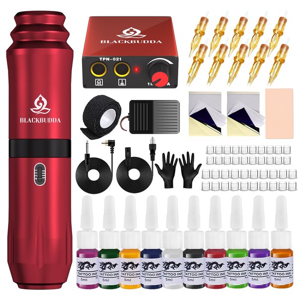Tattoo Gun, Blackbudda Tattoo Kit for Beginners Rotary Tattoo Machine Kit, With Tattoo Power Supply Tattoo Needles Tattoo Ink, Professional Complete Tattoo Pen Kit (Red)