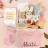 iAOVUEBY Baby Girl Gifts, Baby Shower Gifts for Girls, Baby Gift Set for Newborn Girl Essentials, Wooden Baby Gift Basket Swaddle Blanket Rattle Toy Onesie Headband Bow Infant Hair Brush