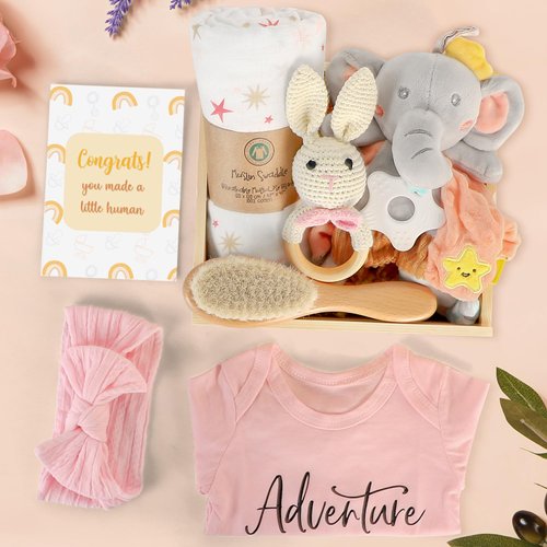 iAOVUEBY Baby Girl Gifts, Baby Shower Gifts for Girls, Baby Gift Set for Newborn Girl Essentials, Wooden Baby Gift Basket Swaddle Blanket Rattle Toy Onesie Headband Bow Infant Hair Brush
