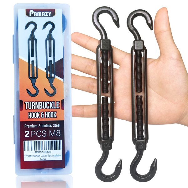 2PCS M8 Premium Stainless Steel Hook & Hook Turnbuckle, Black Turnbuckle for Wire Rope Tension, Shade Sail Hardware, Sun Shade Tent Installation