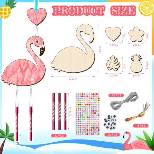 TREACLUB 16 Pack Wind Chime Kits for Kids, Make Your Own Summer Flamingos Wind Chime DIY Coloring Heart Flower Pineapple Wooden Arts and Crafts Birthday Gifts for Girls Boys