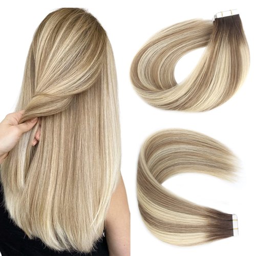 Lovrio Tape in Hair Extensions Walnut Brown Roots Color to Light Chestnut Brown with Bleach Blonde 16 Inch 50g Tape in Remy Straight Natural Hair Extensions 20pcs