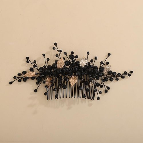Teyglen Gold Leaf Headpiecec Bridal Black Crystal Hair Comb Black Rhinestone Wedding Hair Comb Festival Hair Accessories for Women Halloween Party Prom