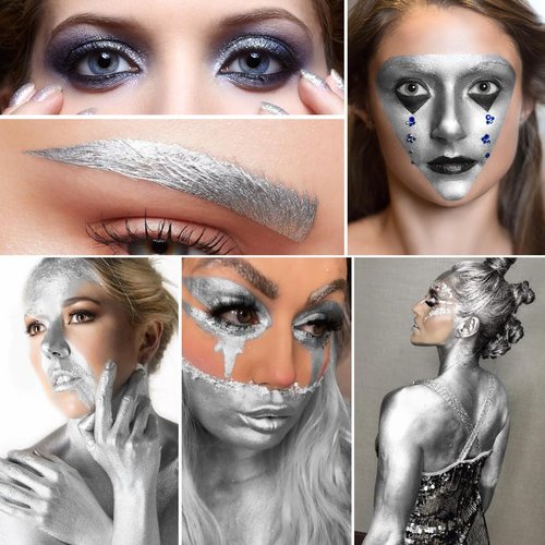 Face Paint Metallic Powder Kit, Washable Body Paint Metal Powder with Mixing Liquid & 2 Brush, Halloween SFX Makeup for 3-4 People, Perfect for Pro Beauty, Body Paint, Eyeliner, Nail, DIY, Silver