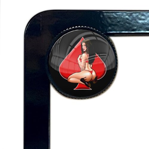 Tricktoppers 4 Black Knurled Motorcycle License Plate Frame Fastener Hardware Tag Bolts Screws Kit Custom Logo (USA Brand) - Vintage Retro Pin Up Girl Red Spade On Black