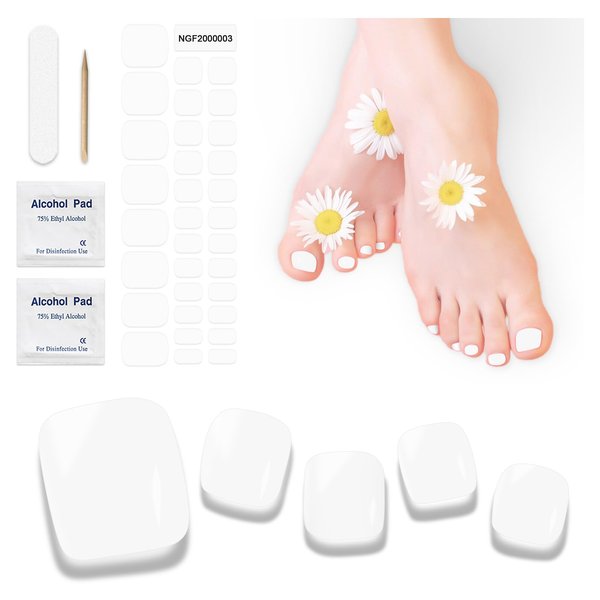 dukasou Semi-Cured Gel Pedicure Strips 32pcs Pure Color Series(K White) - Full Nail Wraps for Women Girls Gel Toenail Stickers Works with Any Nail Lamps Includes Nail Pads Nail File & Wood Stick