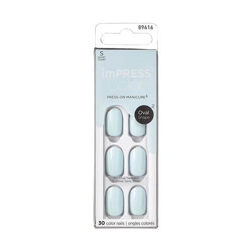 KISS imPRESS Color No Glue Mani 30 Pcs Press On Nails, Light Blue, Short Size, Oval Shape, Simple Peel & Press Easy Apply, Hassel-Free Removal, Essential Tools Included