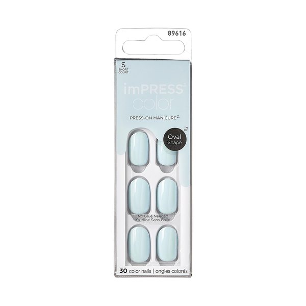 KISS imPRESS Color No Glue Mani 30 Pcs Press On Nails, Light Blue, Short Size, Oval Shape, Simple Peel & Press Easy Apply, Hassel-Free Removal, Essential Tools Included
