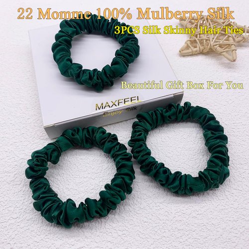 MAXFEEL 100% 22Momme Pure Mulberry Silk Hair Scrunchie Width 1.3cm with Elastic Band Women SIlk Hair Ties (1.3CM-Green-3PCS)