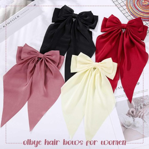 Olbye Hair Bows for Women Silky Satin Hair Ribbon Long Tail Bow Hair Clips Big Coquette Bows Black Hair Bow White Hair Ribbons Bows Hair Accessories for Women and Girls 4Pcs (Hair Bows A)