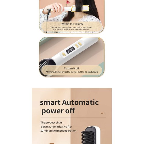 FLUX Eletric Straigthtener Hair Brush. Automatically shuts off after 10 mins. Portable design. Dual-purpose for lasting straight or curly hair. Staggered heat comb teeth, 360-degree swivel.