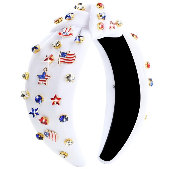 ABONDEVER 4th of July Headbands for Women Rhinestone Beaded Headband Patriotic American Flag Crystal Knotted Headband Fourth of July Embellished Jeweled Hairband Accessories Gifts (White-Star)