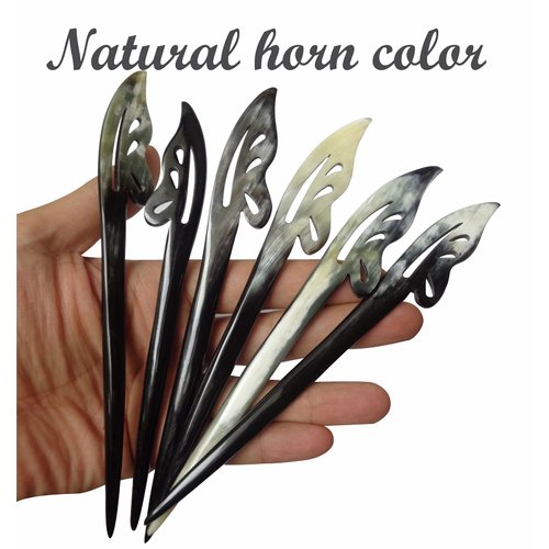 Buffalo Horn Hair sticks, Handmade Hair Sticks are Carved by Hand, Hair chopstick for Buns Hair Chopsticks for Women, Natural horn (Butterfly hair sticks black)