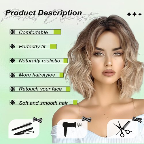 NOSTALGIA Short Ombre Blonde Wigs 14 Inch Wavy Curly Bob Wig Shoulder Length Middle Part Wigs Natural Looking Synthetic Blonde Hair Wigs for Women Daily Party Use