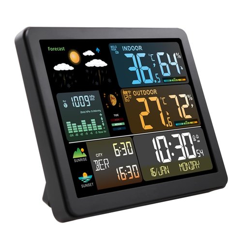 Weather Station Indoor Outdoor Thermometer Wireless | Color Display Digital Calendar Sunrise and Sunset Time | Forecast Station with Calendar and Adjustable Backlight