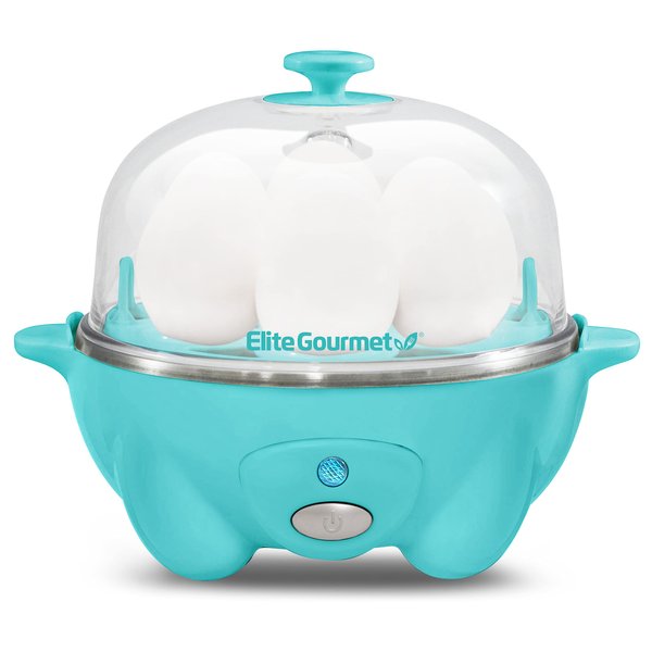 Elite Gourmet EGC-007T# Rapid Egg Cooker, 7 Easy-To-Peel, Hard, Medium, Soft Boiled Eggs, Poacher, Omelet Maker, Auto Shut-Off, Alarm, 16-Recipe Booklet, Teal