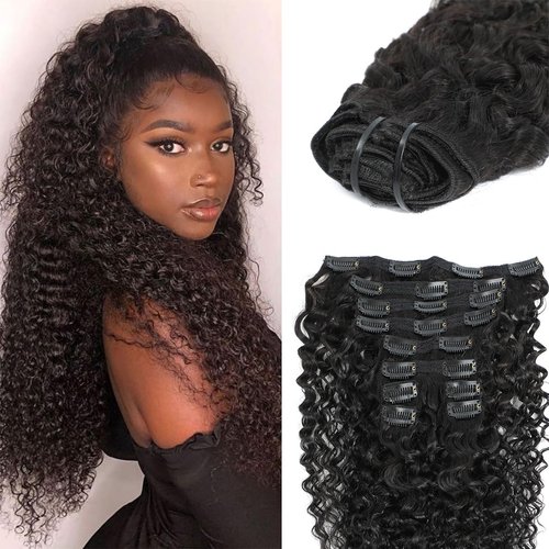 BUGUQI Kinky Curly Clip INS 120g Curly Clip In Hair Extensions Real Human Hair 3C 4A Kinky Curly Natural Black Color Clip In Hair Extensions Human Hair 10Pcs(24 Inch)