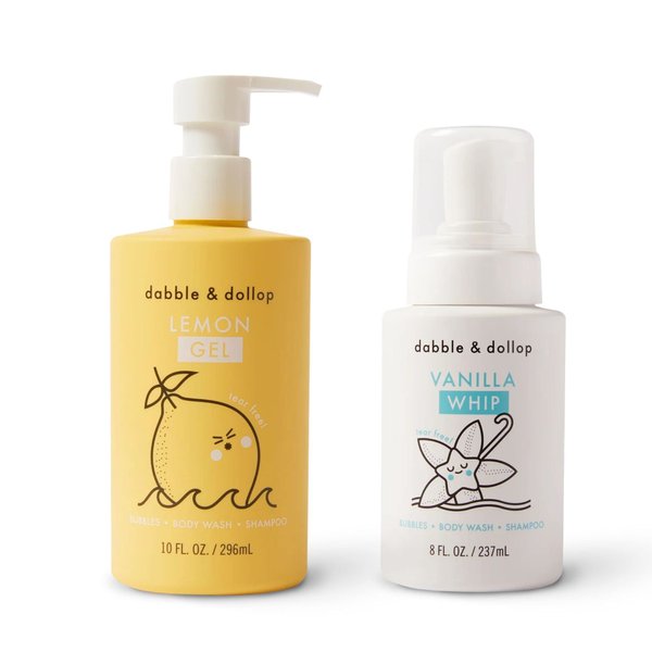 Dabble & Dollop Lemon + Vanilla Body Wash & Shampoo - 3 in 1 Natural Bubble Bath for Kids, USA-Made, Paraben & Sulfate Free, Vegan, Gluten-Free, Tear-Free (Pack of 2)