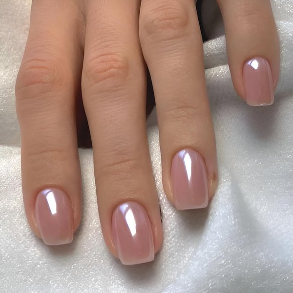 Pink Square Press on Nails Short Chrome Nude Fake Nails Mirror Metal Plating False Nails Coffin Acrylic Nails Glossy Full Cover Stick on Nails Glue on Nails for Women