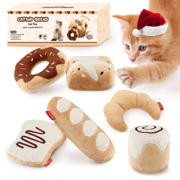 Gigwi Catnip Toys for Cats, Interactive Plush Cat Kicker Toys Set Bread Design, Crinkle Cat Toys for Enrichment with Refillable Catnip, Safe Material Kitten Teething Toys for Chewing, 6 Pack