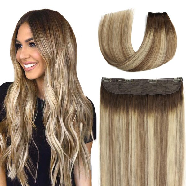 SURNEL Wire Hair Extensions Real Human Hair 20 inch 80g Balayage Walnut Brown to Ash Brown and Golden Blonde Remy Real Hair Extensions Invisible Wire Human Hair Extensions(20,3/8/22)
