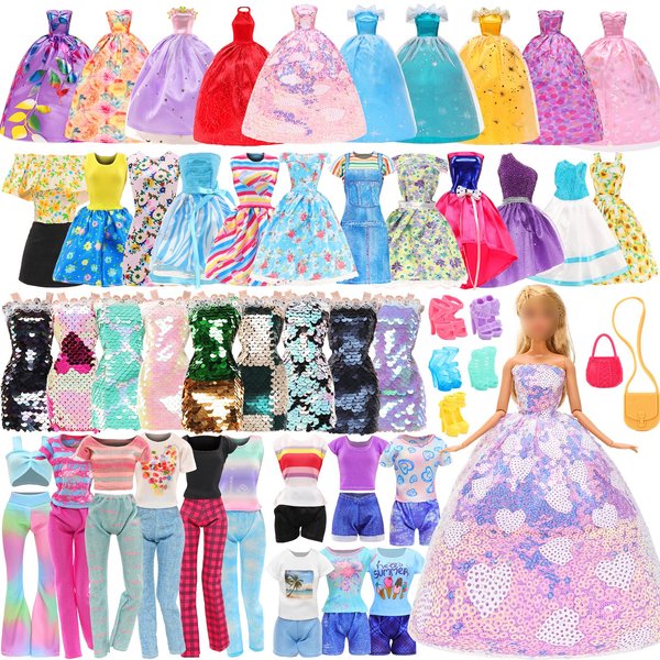 BARWA 18 Pcs Doll Clothes and Accessories Wedding Gowns Fashion Dresses Outfits Tops Pants Shoes Bags Dress up Toys Festival Gifts for Girls Age 5-7 8-10