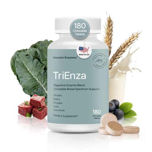 Houston Enzymes TriEnza - Digestive Enzyme Supplement for Gluten, Casein, Soy, Proteins, Carbohydrates, Fats & Polyphenols - Digestive Enzymes for Women & Men (180 Chewable Tablets)