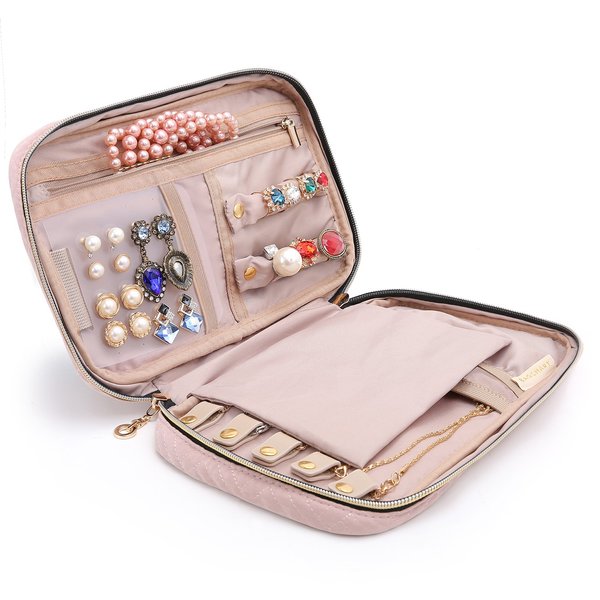 BAGSMART Jewelry Organizer Case Travel Jewelry Storage Bag for Necklace, Earrings, Rings, Bracelet, Soft Pink