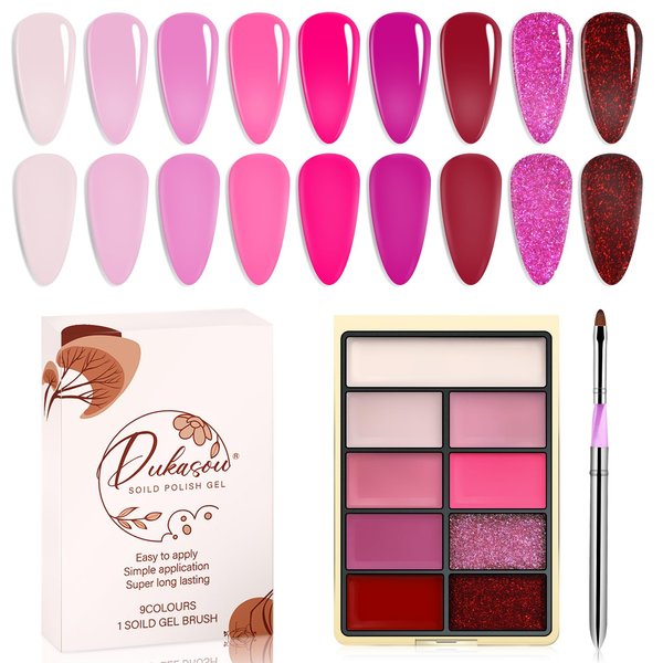 DUKASOU Solid Gel Nail Polish Set, 9 Colors Roseraie Gel Polish Manicure Palette Set Pink Glitter Pudding Tiny Solid Cream Nail Gel Polish for Salon DIY with Pro Nail Brush