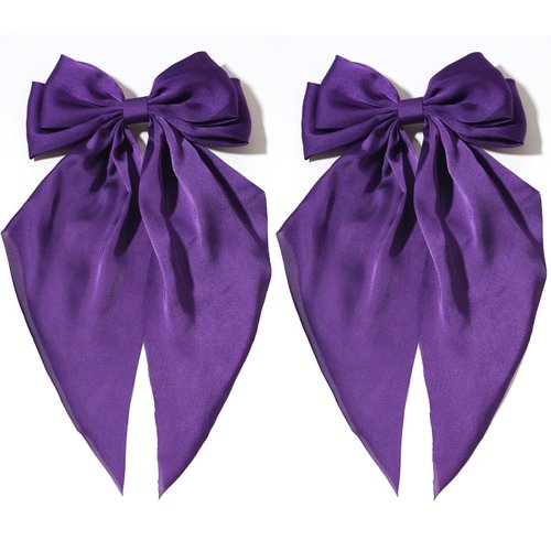 Furling Pompoms Hair Bows for Women - Pack of 2 Purple Hair Bow Clips for Girls Satin Big Bows Long Tail Alligator Clip Ribbon Hair Barrette Hair Accessories for Bridal Bachelorette Party